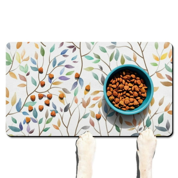 Dog Food Mat 17x30 inch Floral Botanical Watercolor Pet Feeding Mat Absorbent Non-Slip Durable Dog Food Mat for Kitchen and Bathroom