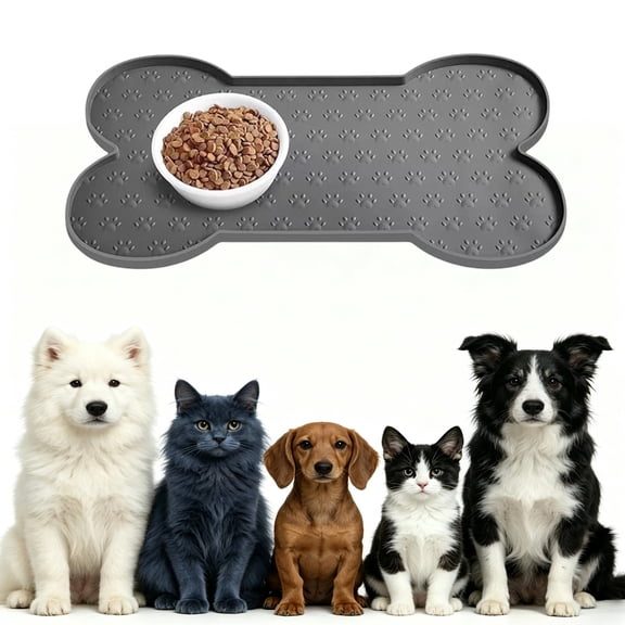 Dog Food Mat, 19.5x9.8 Inch Silicone Anti-Slip Dog Feeding Mat, Leakproof Raised Edge Pet Placemat For Puppy And Kitten Feeding Area (Gray)