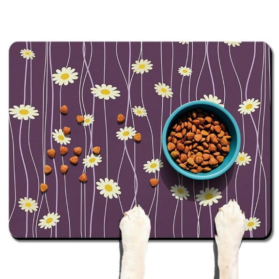 Dog Food Mat 24x32 inch with White Daisy Bloom Print, Absorbent Waterproof Pet Feeding Mat Non-Slip Durable Quick Dry for Dogs and Cats