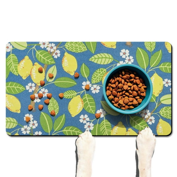 Dog Food Mat with Bright Lemon and Floral Print, Absorbent Waterproof Pet Feeding Mat, Non-Slip, Quick Dry, Easy Clean Mat for Pet Feeding Area and Kitchen