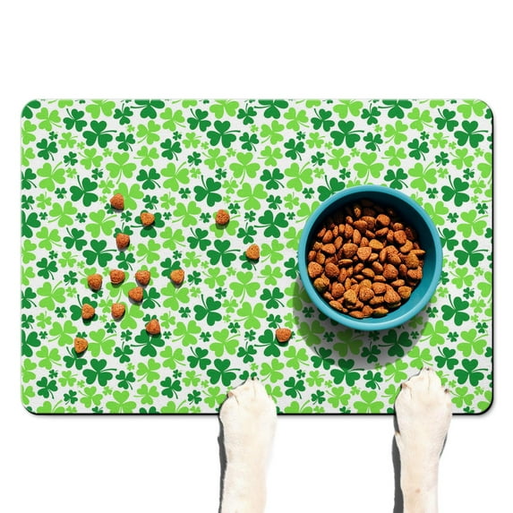 Dog Food Mat, Dog Mat for Food and Water, Pet Dog Cat Bowl Mat, Anti-Slip Reusable Feeding Mat with Green Clover Shamrock,16inx24in