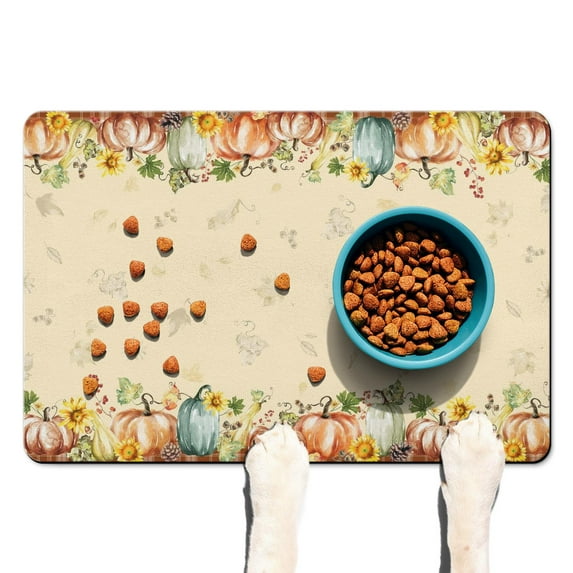 Dog Food Mat, Dog Mat for Food and Water, Pet Dog Cat Bowl Mat, Anti-Slip Reusable Water Bowl Mat with Hello Fall Pumpkin,16inx24in
