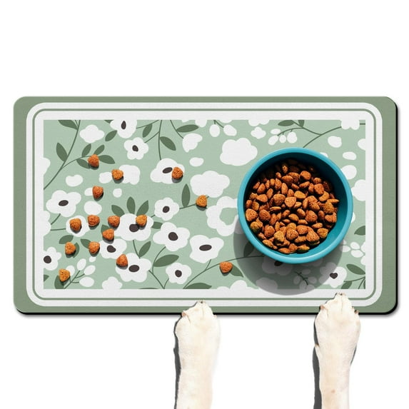 Dog Food Mat, Dog Mat for Food and Water, Pet Dog Cat Bowl Mat, Non-Slip Super Absorbent Feeding Mat with Sage Green Leaf,17inx30in