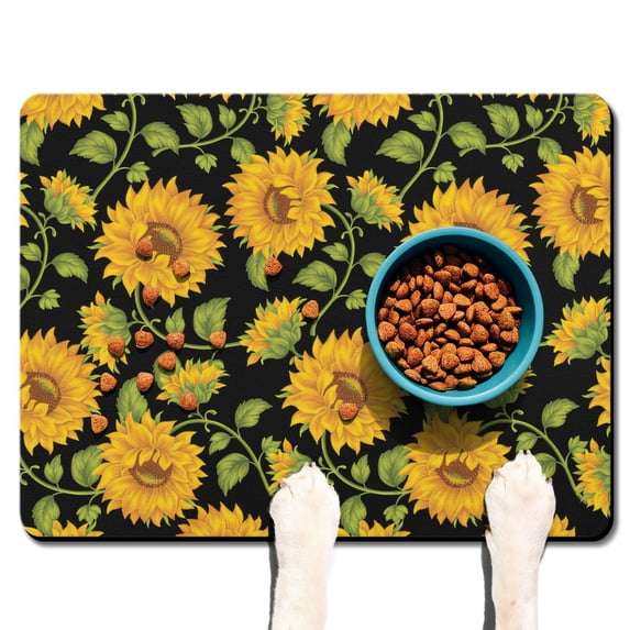 Dog Food Mat Featuring Bright Yellow Sunflower Artwork, Absorbent Waterproof Non-Slip Pet Feeding Mat Durable