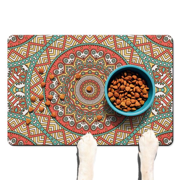 Dog Food Mat Featuring Decorative Art Sacred Symbolic Design, Durable Waterproof Absorbent Non-Slip Pet Feeding Mat