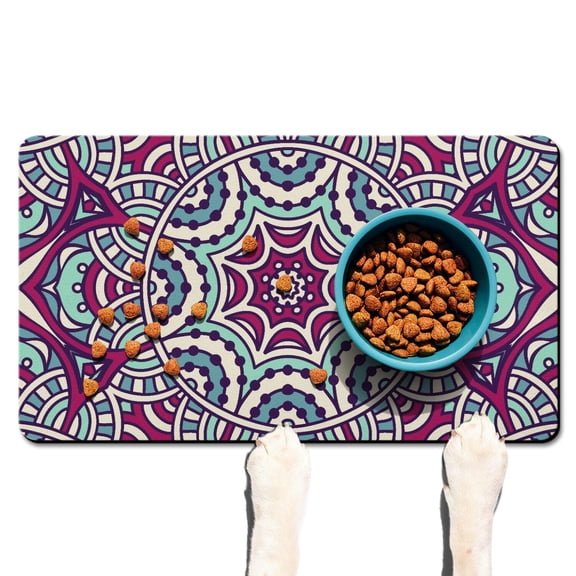 Dog Food Mat Featuring Decorative Art Sacred Symbolic Design, Durable Waterproof Absorbent Non-Slip Pet Feeding Mat