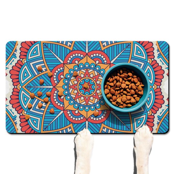 Dog Food Mat Featuring Mandala Ethnic Tribal Boho Folk Geometric Pattern, Durable Absorbent Non-Slip Pet Feeding Mat