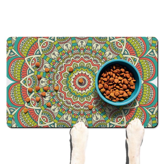 Dog Food Mat Featuring Mandala Ethnic Tribal Boho Folk Geometric Pattern, Durable Waterproof Absorbent Non-Slip Pet Feeding Mat