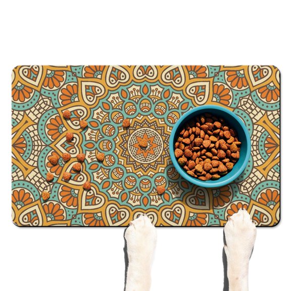Dog Food Mat Featuring Symbolic Vintage Abstract Spiritual Zen Design, Durable Waterproof Absorbent Non-Slip Pet Feeding Mat