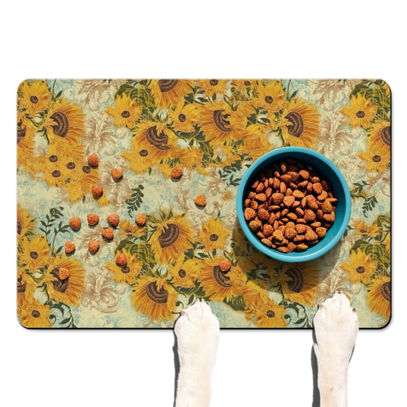 Dog Food Mat Featuring Yellow Sunflower Pattern, Absorbent Waterproof Non-Slip Pet Feeding Mat Durable and Easy Clean