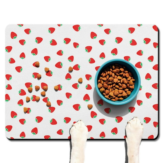 Dog Food Mat with Fruity Strawberry Pattern, Waterproof Absorbent Pet Feeding Mat, Non-Slip, Quick Dry, Easy Clean Mat Perfect for Dogs and Cats Feeding Bowls