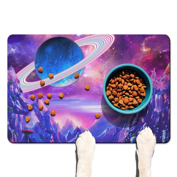 Dog Food Mat Nebula Cosmic Sci-fi Lovers Space Geek Star Moon Sun Rocket Absorbent Waterproof Non-Slip Pet Feeding Mat