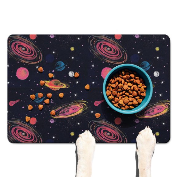 Dog Food Mat Nebula Cosmic Sci-fi Lovers Space Geek Star Moon Sun Rocket Absorbent Waterproof Non-Slip Pet Feeding Mat