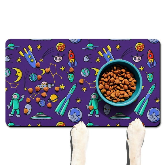 Dog Food Mat Nebula Cosmic Sci-fi Lovers Space Geek Star Moon Sun Rocket Absorbent Waterproof Non-Slip Pet Feeding Mat