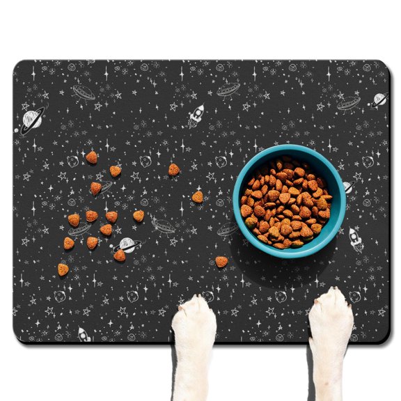 Dog Food Mat Nebula Cosmic Sci-fi Lovers Space Geek Star Moon Sun Rocket Absorbent Waterproof Non-Slip Pet Feeding Mat