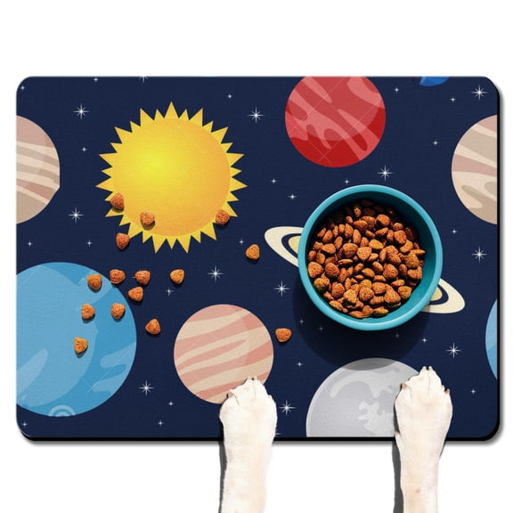 Dog Food Mat Nebula Cosmic Sci-fi Lovers Space Geek Star Moon Sun Rocket Absorbent Waterproof Non-Slip Pet Feeding Mat