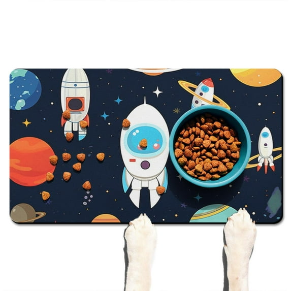 Dog Food Mat Nebula Cosmic Sci-fi Lovers Space Geek Star Moon Sun Rocket Absorbent Waterproof Non-Slip Pet Feeding Mat