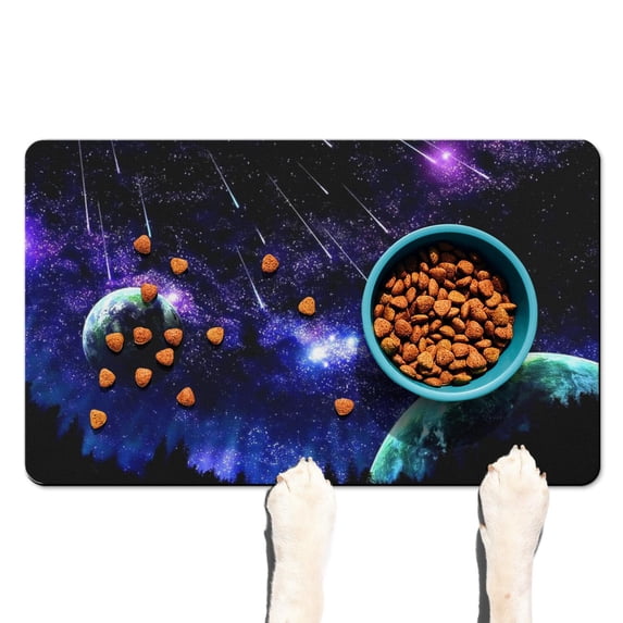 Dog Food Mat Nebula Cosmic Sci-fi Lovers Space Geek Star Moon Sun Rocket Absorbent Waterproof Non-Slip Pet Feeding Mat