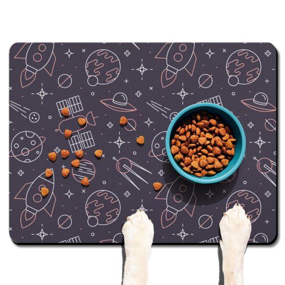 Dog Food Mat Nebula Cosmic Sci-fi Lovers Space Geek Star Moon Sun Rocket Absorbent Waterproof Non-Slip Pet Feeding Mat
