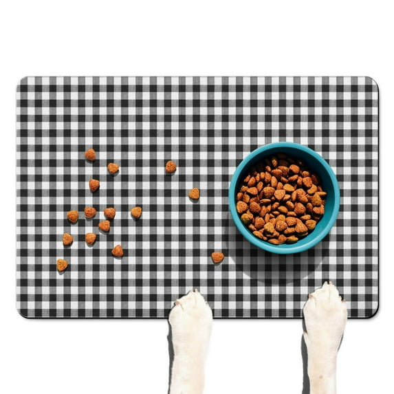 Dog Food Mat for Pet Dog Food Mat, Dog Mat for Food and Water, Pet Dog Cat Bowl Mat, No-Slip Absorbent Water Cat Feeding Mat with Buffalo Plaid White Black,16inx24in
