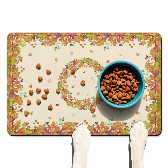 Dog Food Mat for Pet Dog Food Mat, Dog Mat for Food and Water, Pet Dog Cat Bowl Mat, Non-Slip Super Absorbent Water Bowl Mat with Pumpkins Eucalyptus Fall,16inx24in