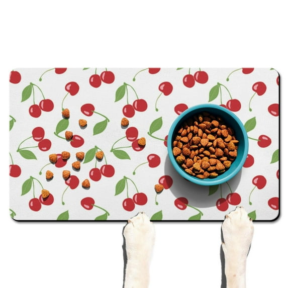 Dog Food Mat with Red and Pink Cherry Print, Absorbent Waterproof Pet Feeding Mat, Non-Slip, Quick Dry, Easy Clean Mat with Aesthetic Fruit Design for Cherry Lovers