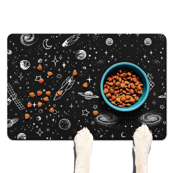 Dog Food Mat Space Galaxy Astronaut Planet Starry Night Cosmos Pet Feeding Mat Absorbent Waterproof Non-Slip Durable