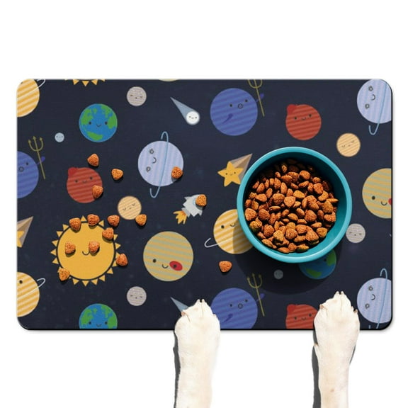 Dog Food Mat Space Galaxy Astronaut Planet Starry Night Cosmos Pet Feeding Mat Absorbent Waterproof Non-Slip Durable