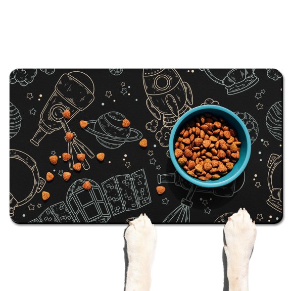 Dog Food Mat Space Galaxy Astronaut Planet Starry Night Cosmos Pet Feeding Mat Absorbent Non-Slip Durable
