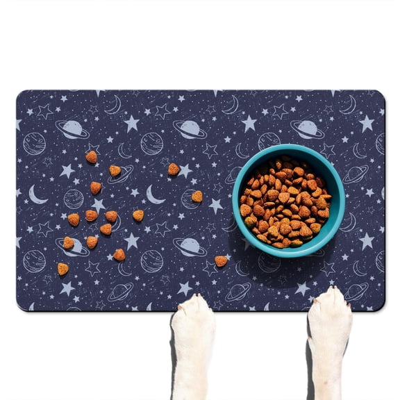 Dog Food Mat Space Galaxy Astronaut Planet Starry Night Cosmos Pet Feeding Mat Absorbent Waterproof Non-Slip Durable