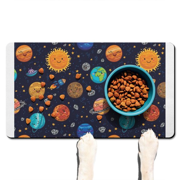 Dog Food Mat Space Galaxy Astronaut Planet Starry Night Cosmos Pet Feeding Mat Absorbent Waterproof Non-Slip Durable