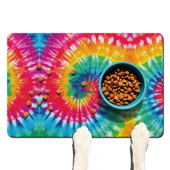 Dog Food Mat for Pet Dog Food Mat, Dog Mat for Food and Water, Pet Dog Cat Bowl Mat, Anti-Slip Reusable Feeding Mat with Colorful Tie Dye,16inx24in