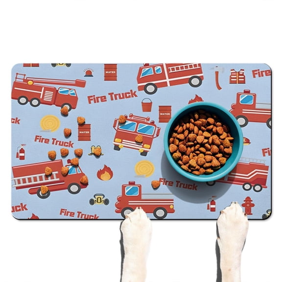 Dog Food Mat with Fire Truck Construction Vehicle Cartoon Car Design, Durable Waterproof Absorbent Non-Slip Pet Feeding Mat