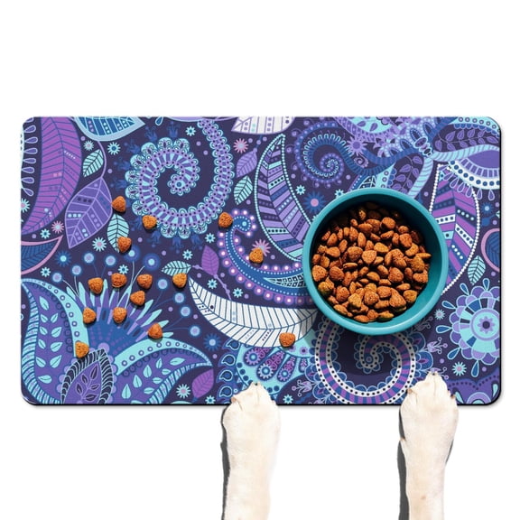 Dog Food Mat with Retro Paisley Floral Ethnic Paisley Ornament Abstract Paisley Art Design, Durable Waterproof Absorbent Non-Slip