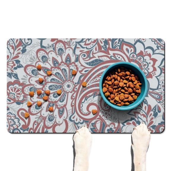 Dog Food Mat with Retro Paisley Floral Ethnic Paisley Ornament Abstract Paisley Art Design, Durable Waterproof Absorbent Non-Slip