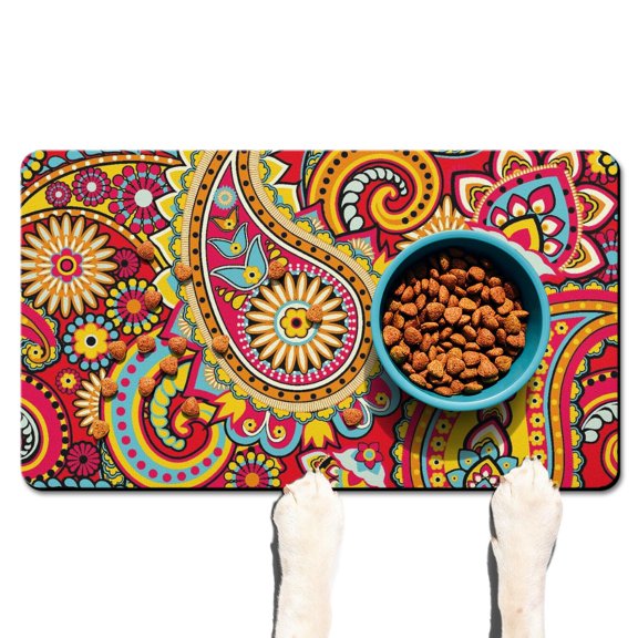Dog Food Mat with Retro Paisley Floral Ethnic Paisley Ornament Abstract Paisley Art Design, Durable Absorbent Non-Slip