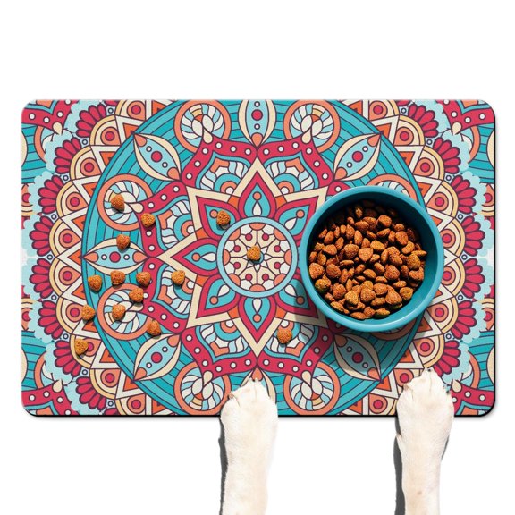 Dog Food Mat with Vintage Abstract Spiritual Zen Mystic Cultural Pattern, Durable Waterproof Absorbent Non-Slip Pet Feeding Mat