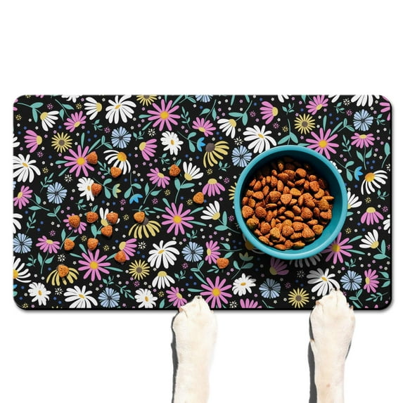Dog Food Mat with Vintage Floral Daisy Bloom Design, Absorbent Waterproof Pet Feeding Mat Non-Slip Durable for Home and Kitchen