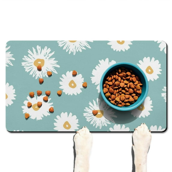 Dog Food Mat with Vintage Floral Daisy Bloom Design, Absorbent Waterproof Pet Feeding Mat Non-Slip Durable for Home and Kitchen