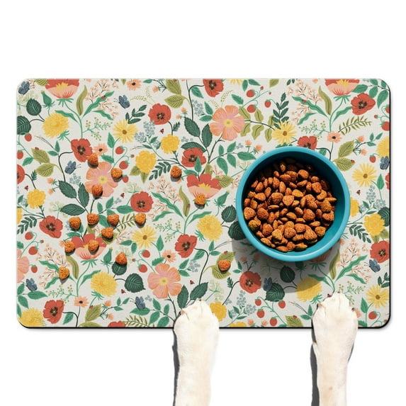 Dog Food Mat with Wildflower and Nature Inspired Design, Absorbent Waterproof Non-Slip Pet Feeding Mat for Dogs and Cats