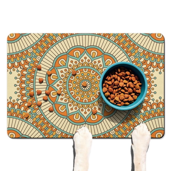 Dog Food Mat with Zen Meditation Mystic Ethnic Mandala Design, Durable Waterproof Absorbent Non-Slip Pet Feeding Mat