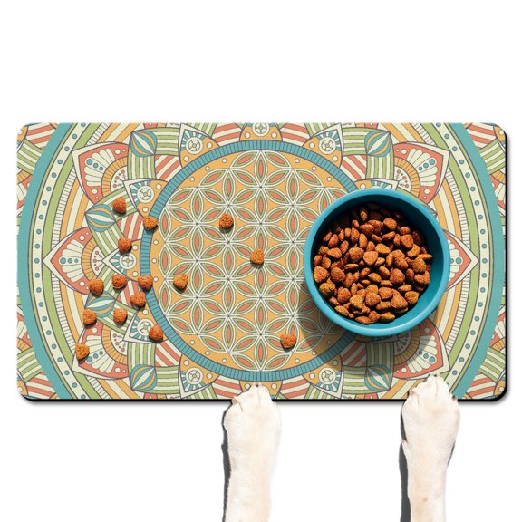 Dog Food Mat with Zen Meditation Mystic Ethnic Mandala Design, Durable Waterproof Absorbent Non-Slip Pet Feeding Mat