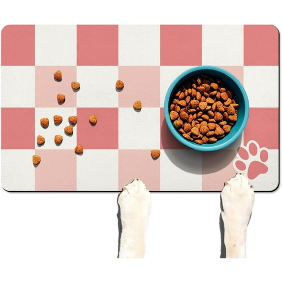 Dog Food Mats for Floors, Absorbent Quick Dry Pet Cat Food Mat, Dog Bowl Mats for Food and Water Dispenser Mat, Eco-Friendly Dog Accessories Pet Supplies 12"x20"|Pink Checkered