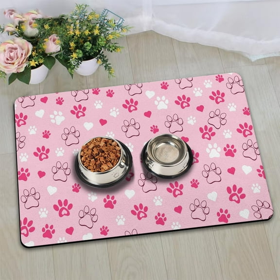 Dog Food Mats for Floors, Absorbent and Quick-Drying Pet Cat Food Mat,Anti-Fouling and Easy-to-Clean Pet Feeding Mat,Dog Bowl Mat for Messy Drinking Water Bowls.12 x20,Pink Heart