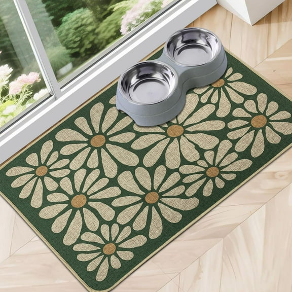 Dog Food Mats for Floors Waterproof, Absorbent Quick Dry Pet Cat Food Mat, Water Bowl Mats Pet Feeding, Eco-Friendly Accessories Pet Supplies (12"x20",Green Flower B)