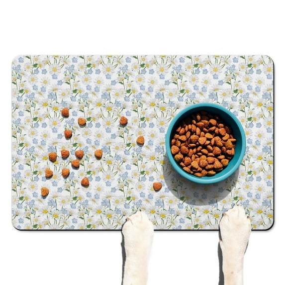 Dog Food Mats for Floors Absobing Durable Pet Food Mat Daisy Flower Rustic Cat Feeding Mat Dog Water Bowl Mat for Messy Drinker