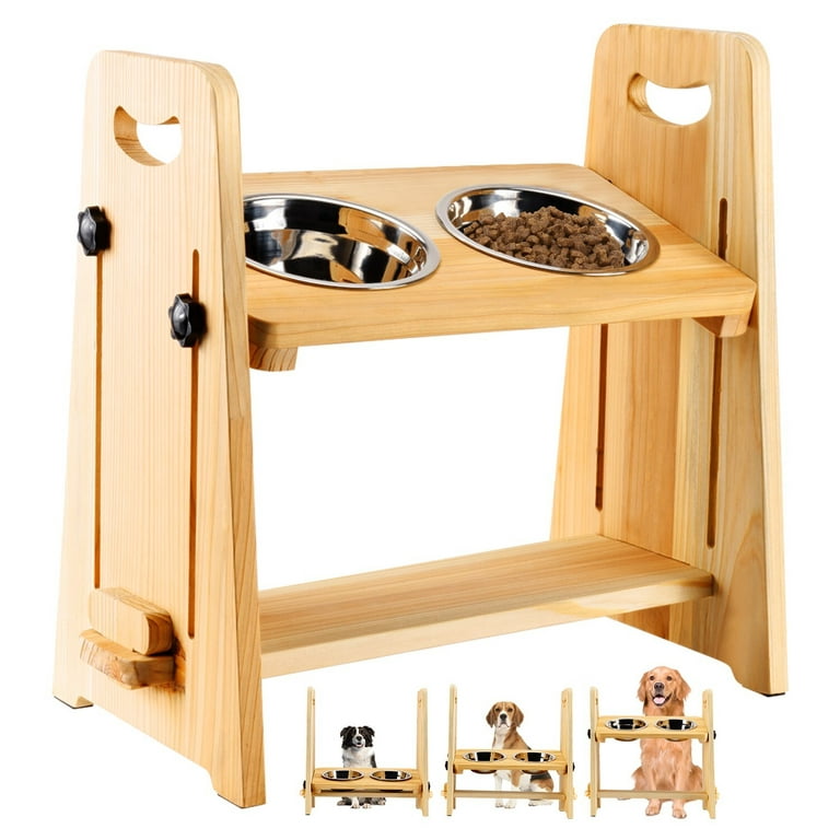 Elevated Wooden Dog Bowl Stand With 2 Stainless Steel Feeder Bowls