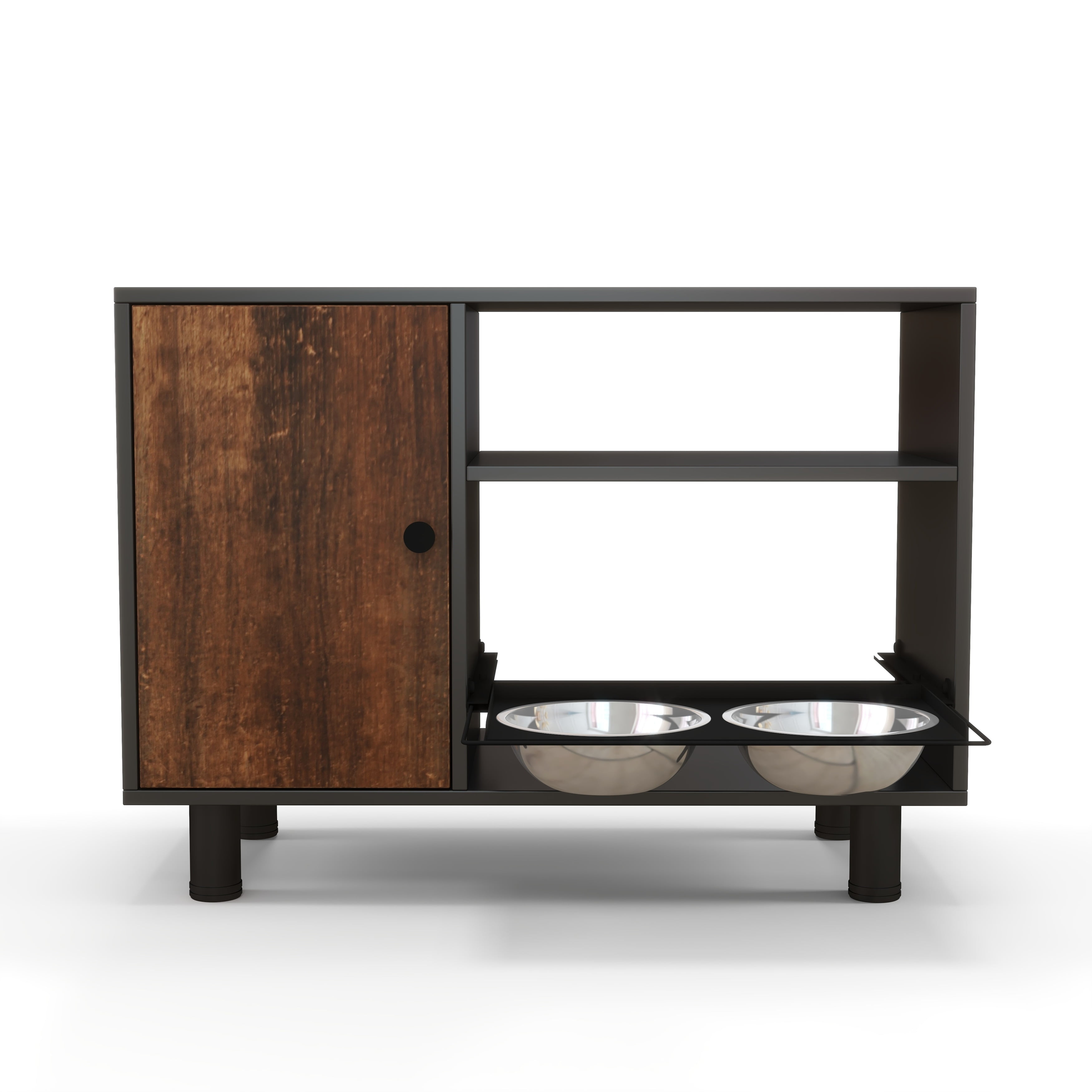 Black and Brown Stainless Steel Dog Food Storage Cabinet with Adjustable Bowls