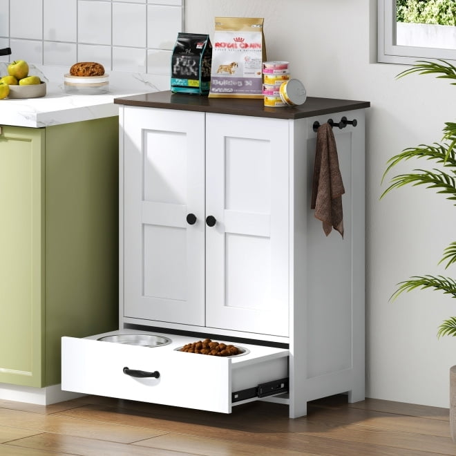 White and Walnut Wood Dog Feeding Station with Storage