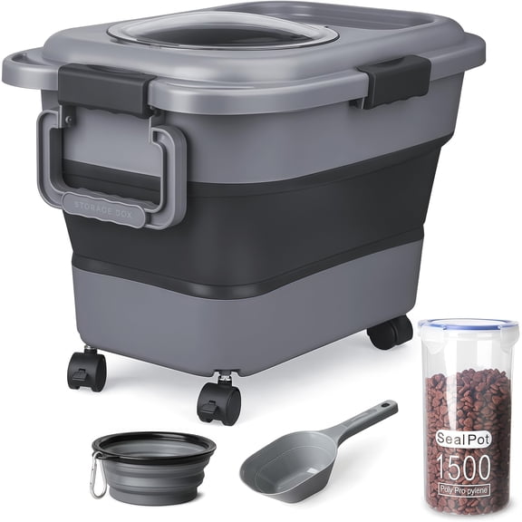 TIOVERY Dog Food Storage Container, 10-20 lbs Airtight Collapsible Cat Food Storage Container with Attachable Wheels, Portable Handle, Dog Food Scoop for Dog Cat Pet Dry Food Storage Bin (Dark Grey)